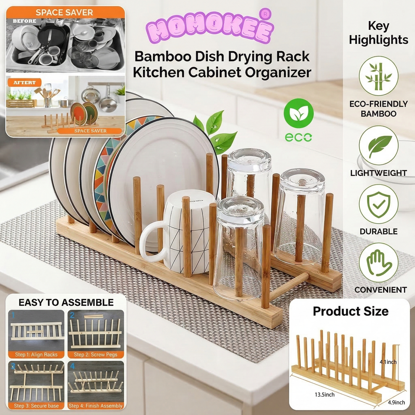 Momokee® Bamboo Dish Drying Rack Kitchen Cabinet Organizer