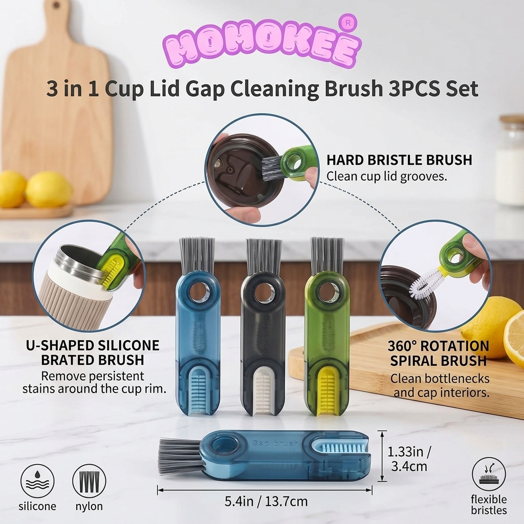 Momokee® 3 in 1 Cup Lid Gap Cleaning Brush 3PCS Set