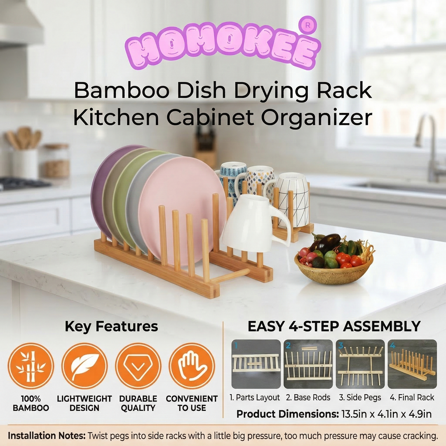 Momokee® Bamboo Dish Drying Rack Kitchen Cabinet Organizer